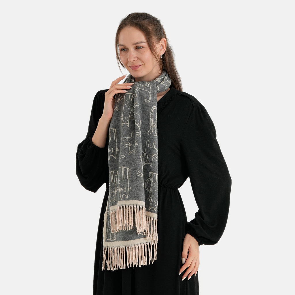 La Marey Viscose Blend Womens Printed Scarf with Fringed Border (180 x 65cm) - Beige_8684011_2