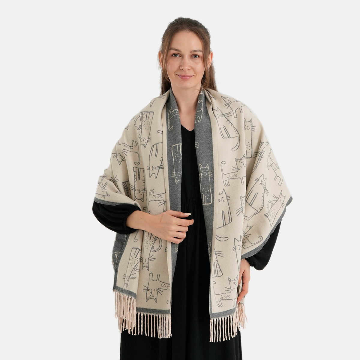 La Marey Viscose Blend Womens Printed Scarf with Fringed Border (180 x 65cm) - Beige V32715992 5