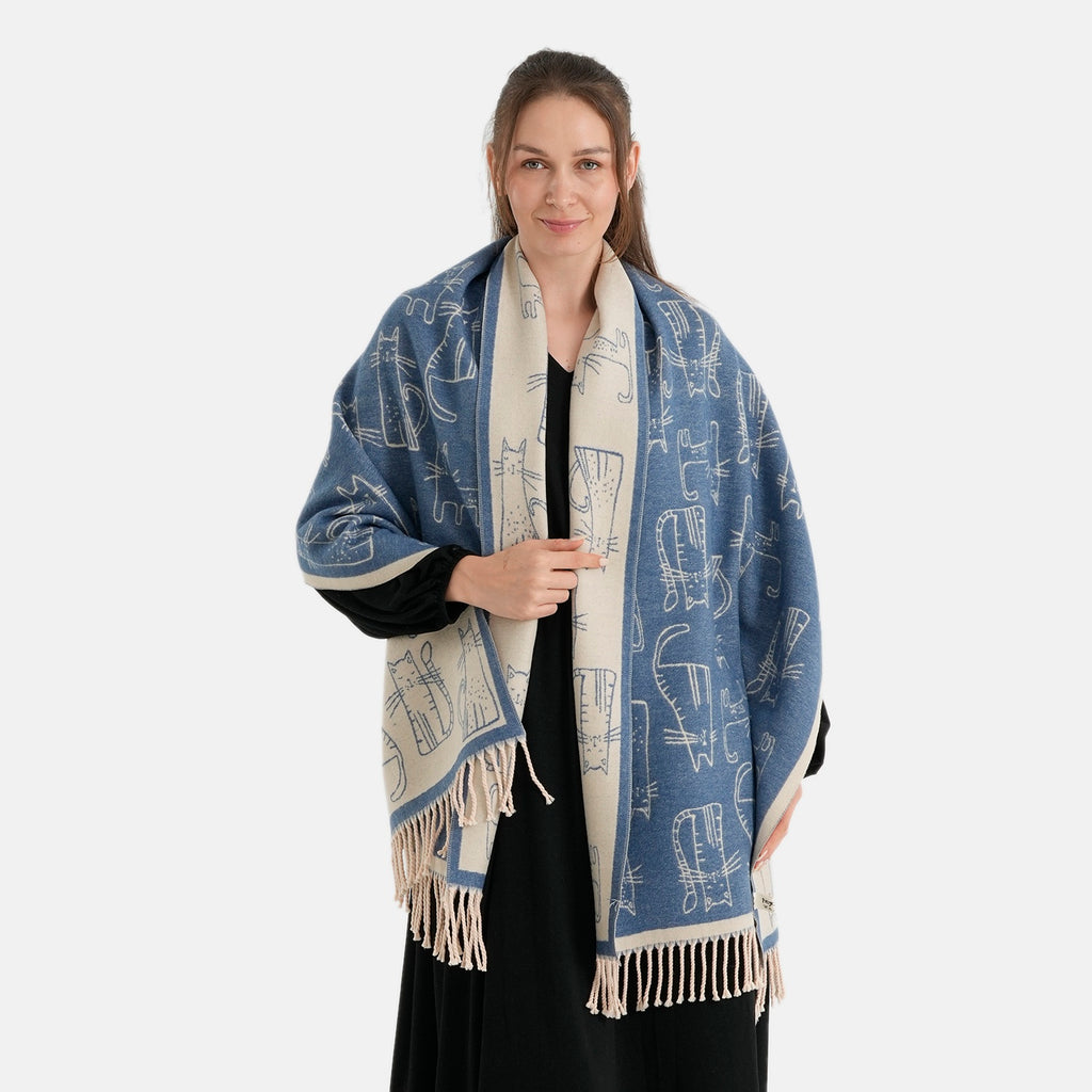La Marey Viscose Blend Womens Printed Scarf with Fringed Border (180 x 65cm) - Navy_8684012