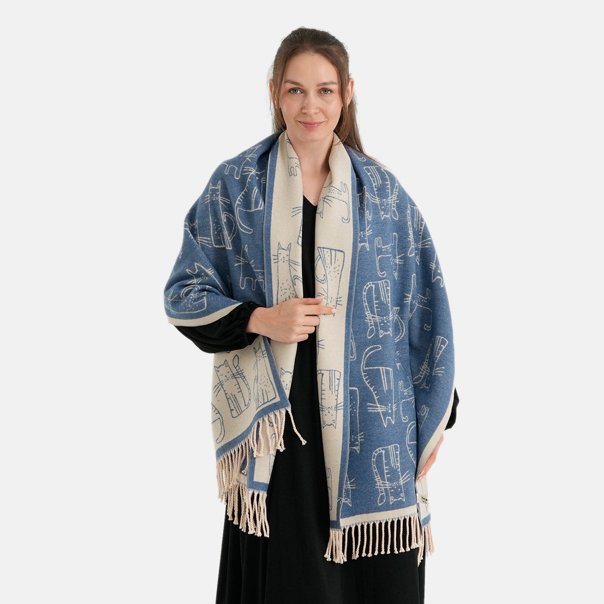 La Marey Viscose Blend Womens Printed Scarf with Fringed Border (180 x 65cm) - Navy V32720642 0