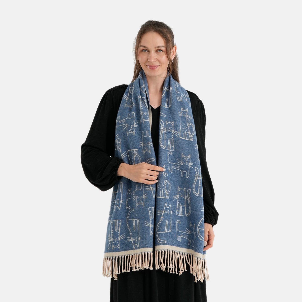 La Marey Viscose Blend Womens Printed Scarf with Fringed Border (180 x 65cm) - Navy V32720642 2