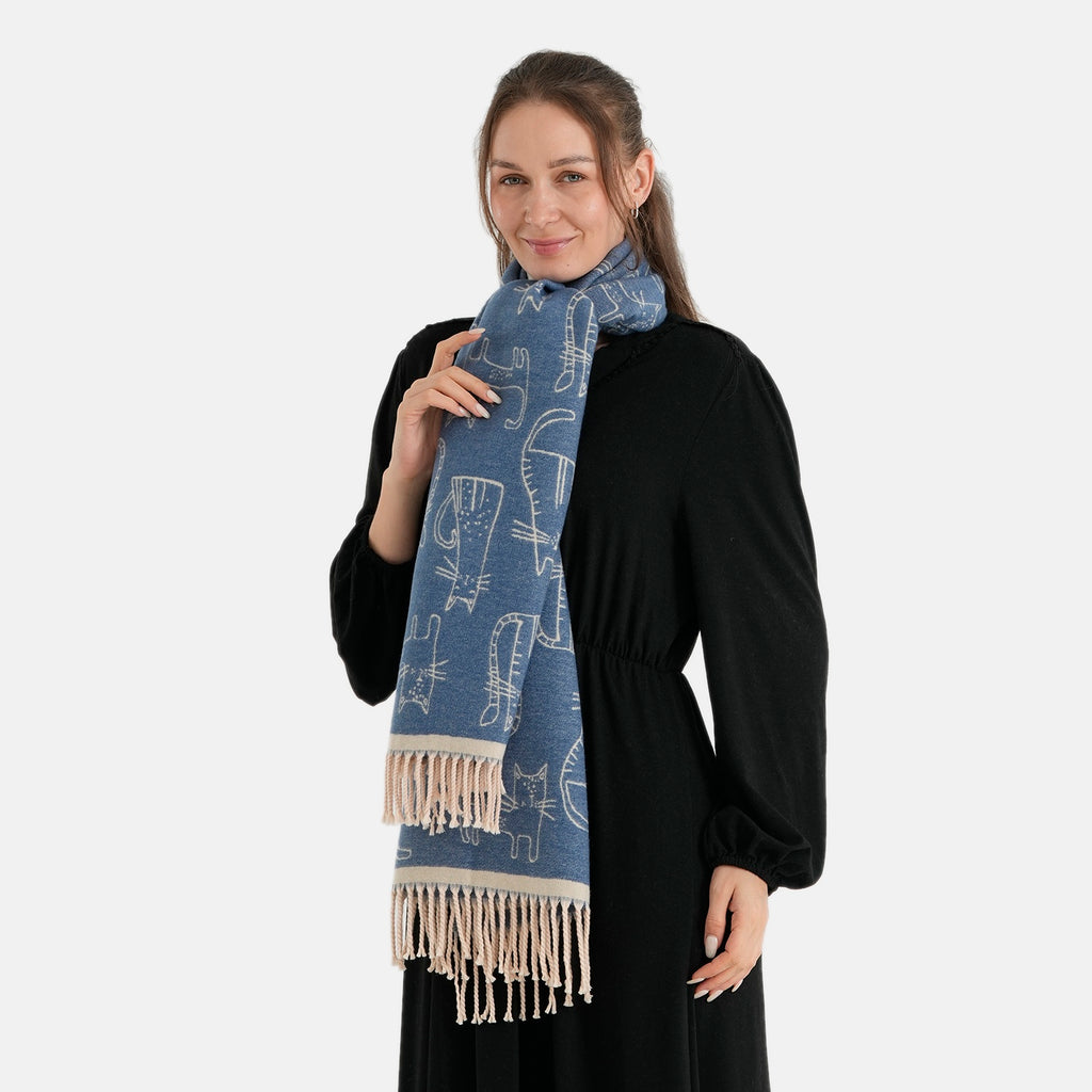 La Marey Viscose Blend Womens Printed Scarf with Fringed Border (180 x 65cm) - Navy_8684012_2