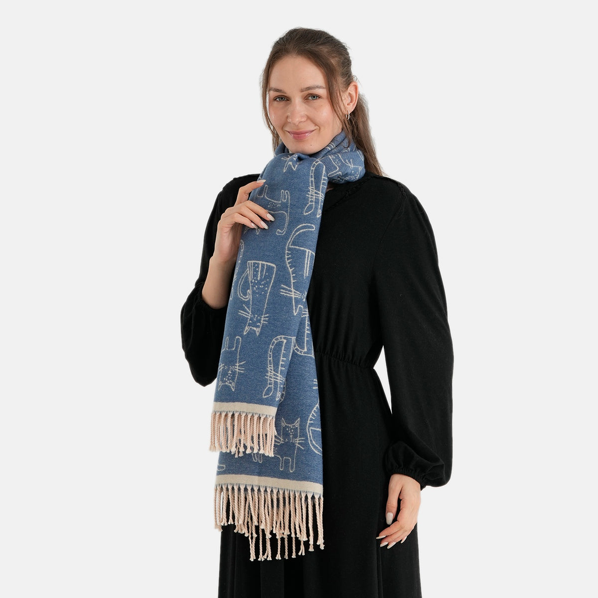 La Marey Viscose Blend Womens Printed Scarf with Fringed Border (180 x 65cm) - Navy V32720642 3