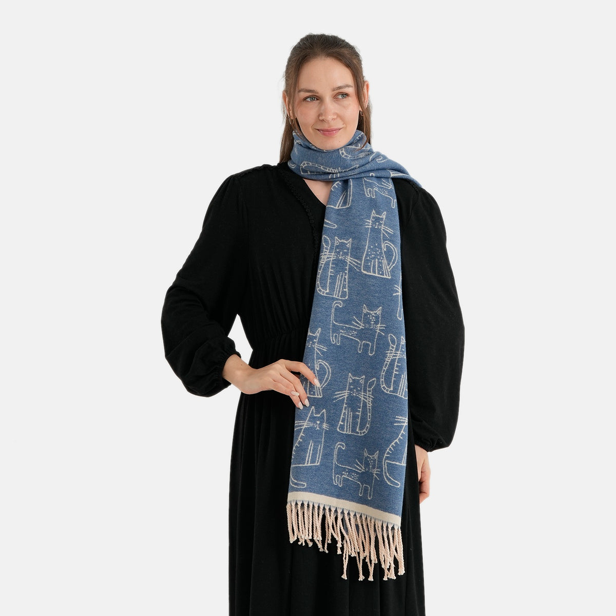 La Marey Viscose Blend Womens Printed Scarf with Fringed Border (180 x 65cm) - Navy V32720642 4