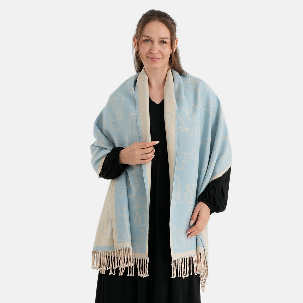 La Marey Viscose Blend Womens Printed Scarf with Fringed Border (180 x 65cm) - Blue_8684013