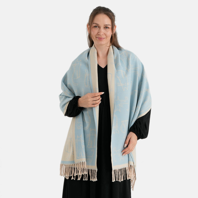 La Marey Viscose Blend Womens Printed Scarf with Fringed Border (180 x 65cm) - Blue_8684013