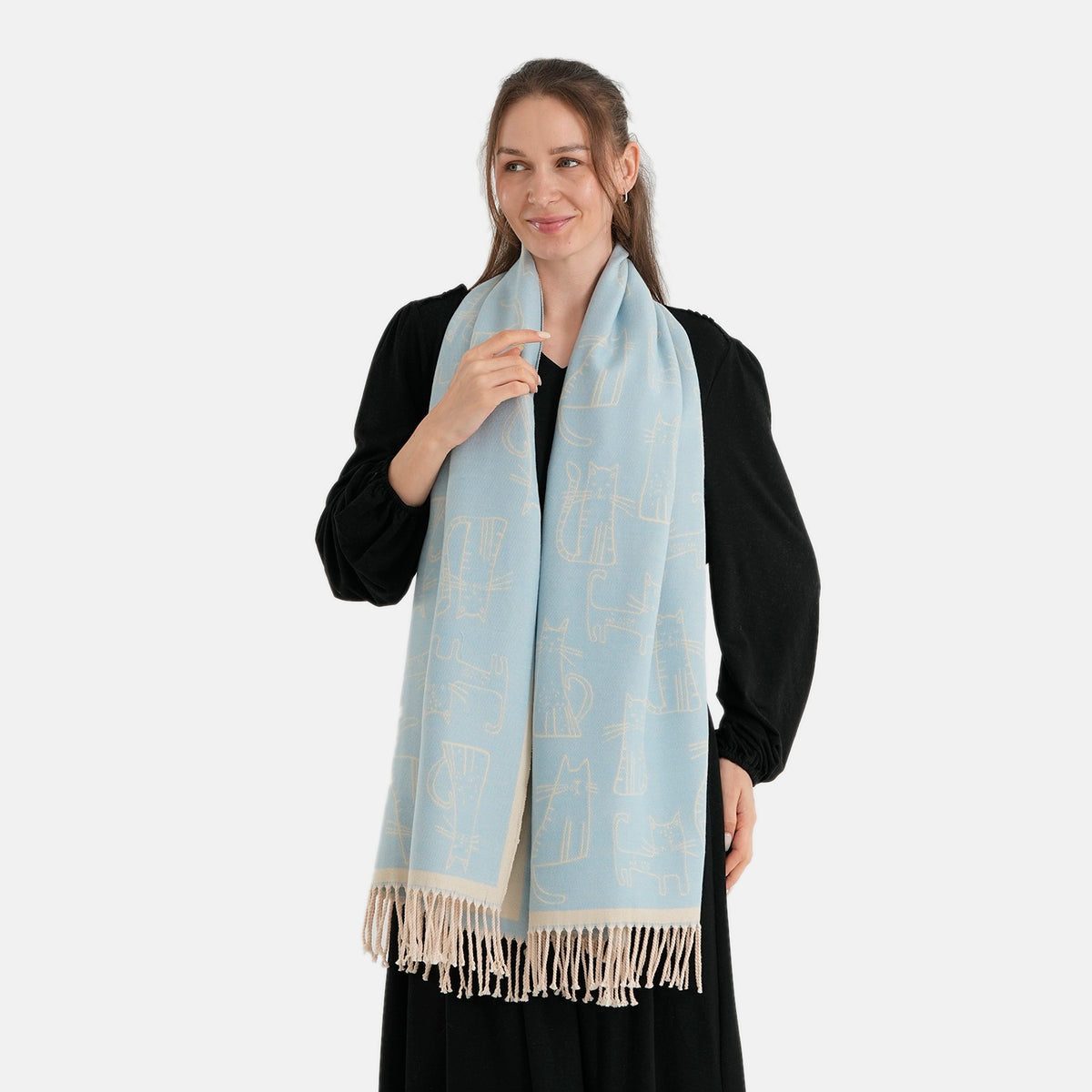 La Marey Viscose Blend Womens Printed Scarf with Fringed Border (180 x 65cm) - Blue V32720384 2