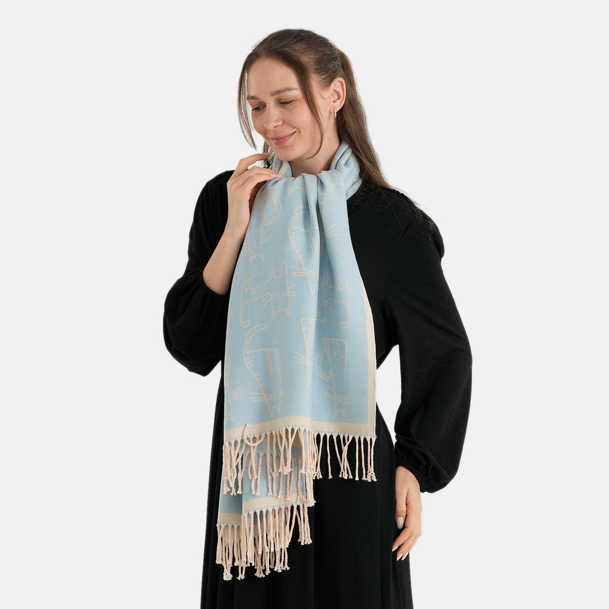 La Marey Viscose Blend Womens Printed Scarf with Fringed Border (180 x 65cm) - Blue V32720384 3