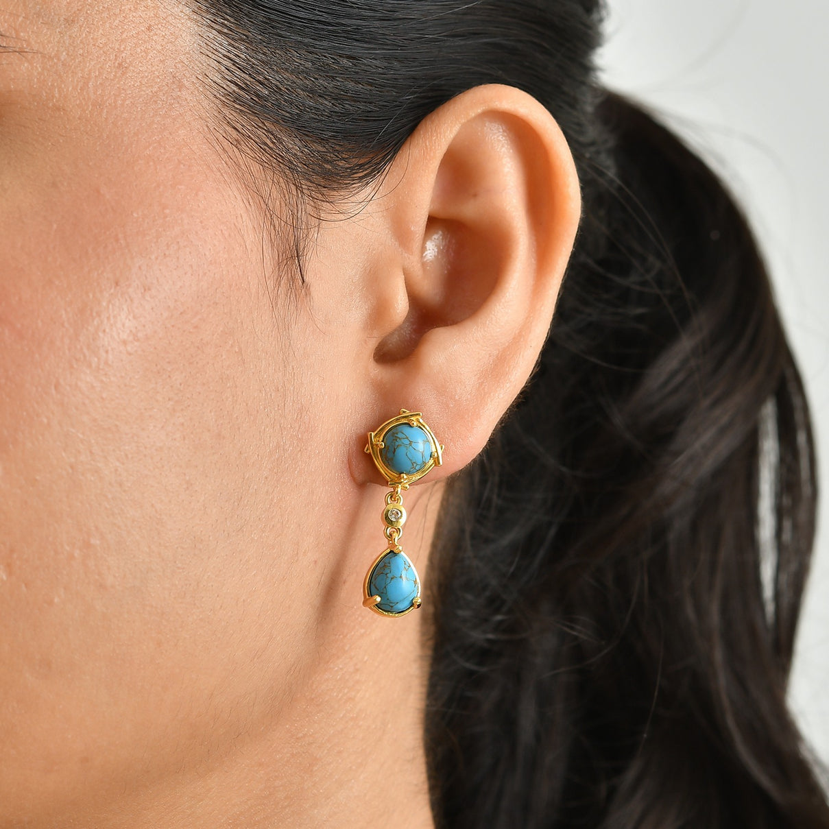 EverTrue - Blue Turquoise &amp; White Zircon Dangling Earring with Push Post in Yellow Gold Tone 6.13 Ct. 8684115 2
