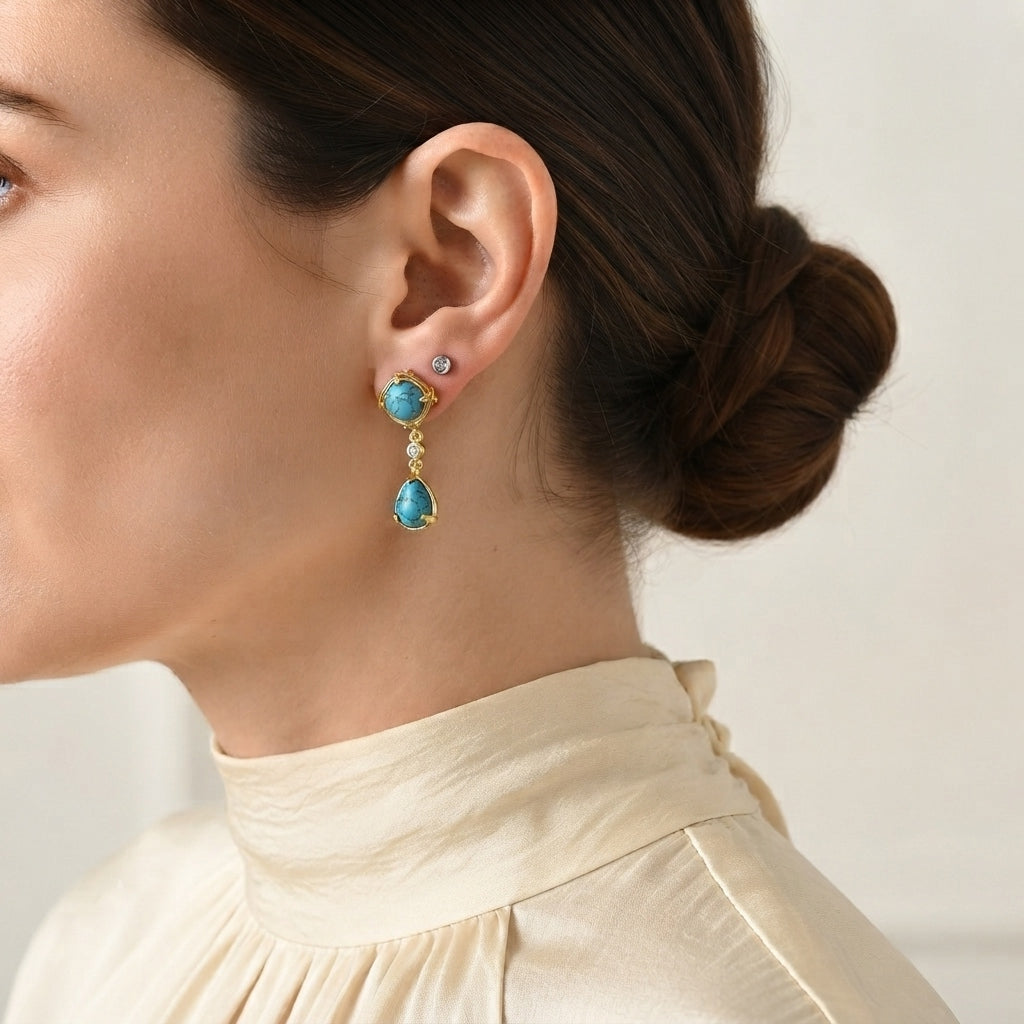 EverTrue - Blue Turquoise &amp; White Zircon Dangling Earring with Push Post in Yellow Gold Tone 6.13 Ct. 8684115 3