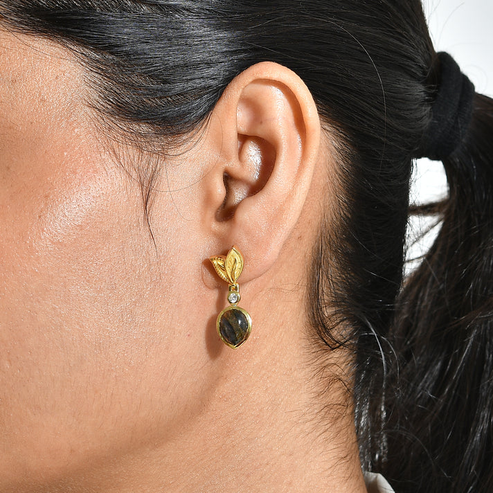 EverTrue - Labradorite &amp; White Zircon Dangling Earring with Push Post in Yellow Gold Tone 5.50 Ct. 8685377 2