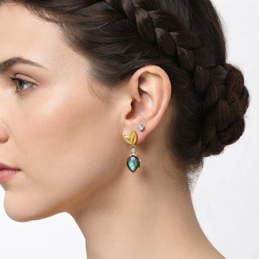 EverTrue - Labradorite &amp; White Zircon Dangling Earring with Push Post in Yellow Gold Tone 5.50 Ct. V32513694 3