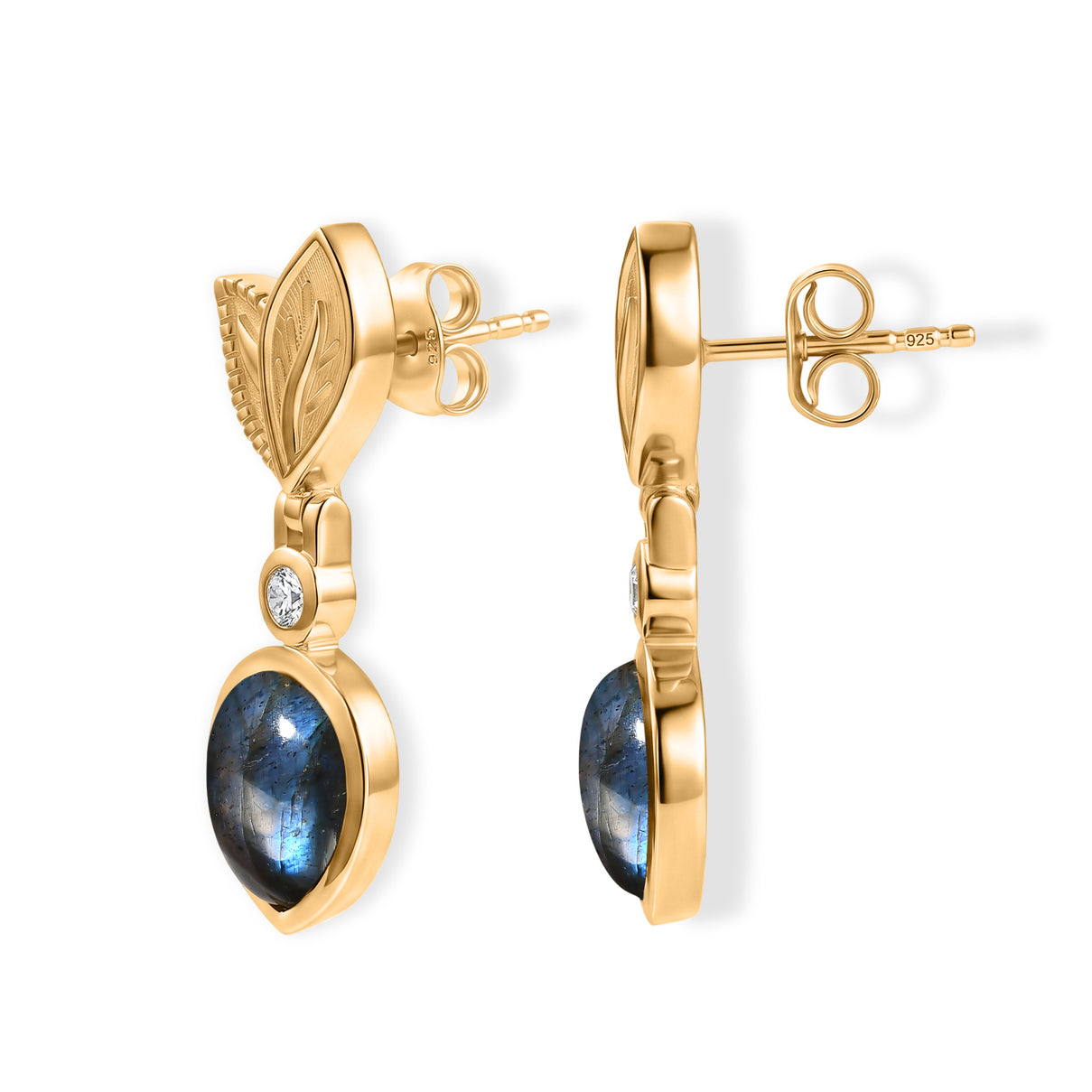 EverTrue - Labradorite &amp; White Zircon Dangling Earring with Push Post in Yellow Gold Tone 5.50 Ct. V32513694 4