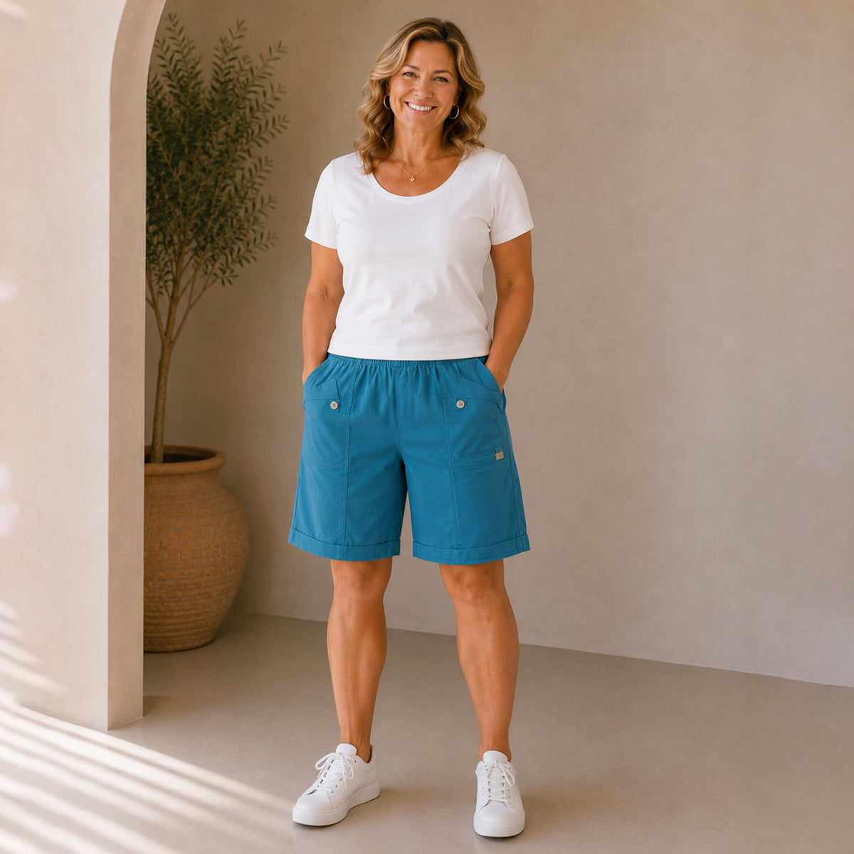 Pure And Natural Ladies Elasticated Waist Stretch Shorts (Size 14) - Turquoise V32720542 0