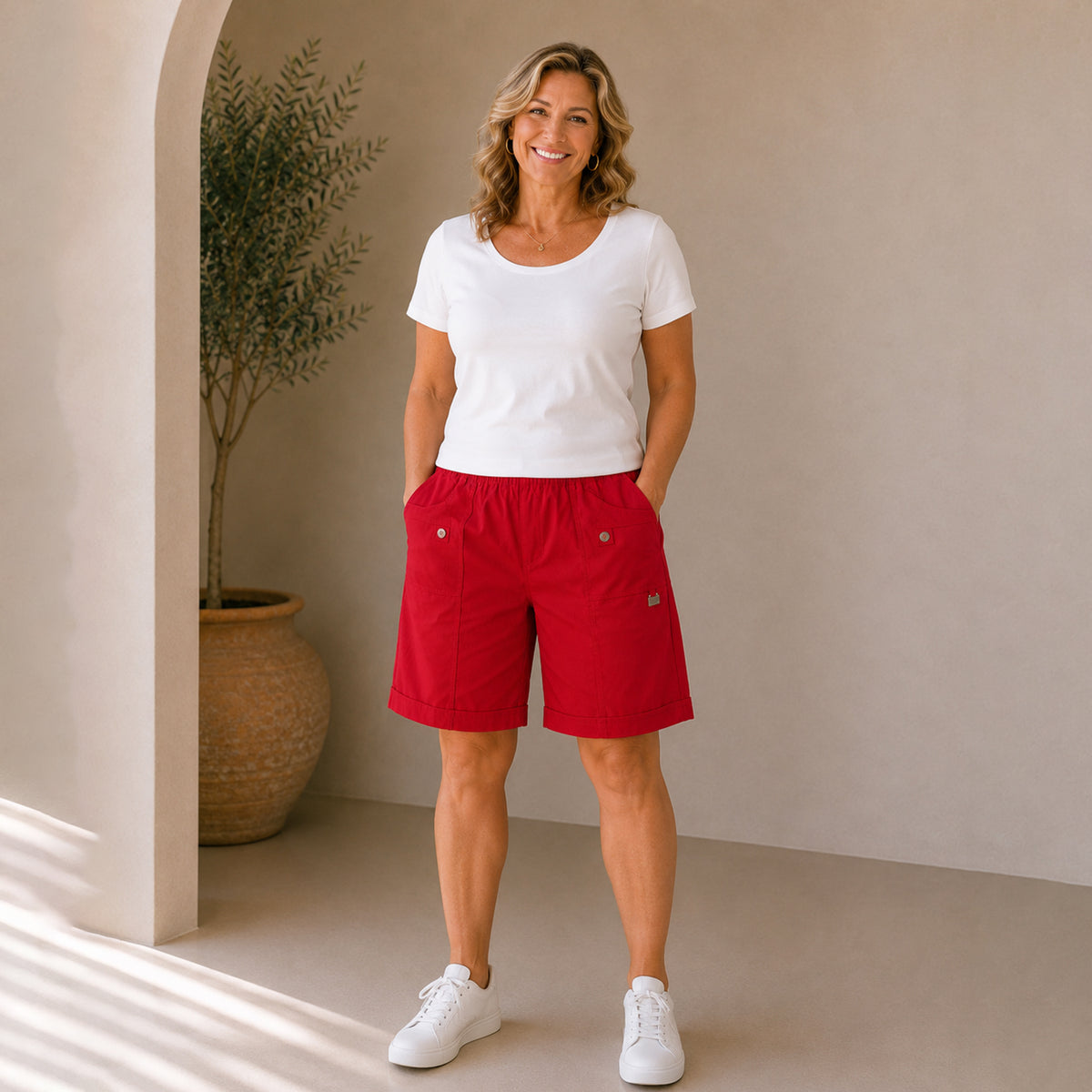 Pure And Natural Ladies Elasticated Waist Stretch Shorts (Size 18) - Red V32691998 0