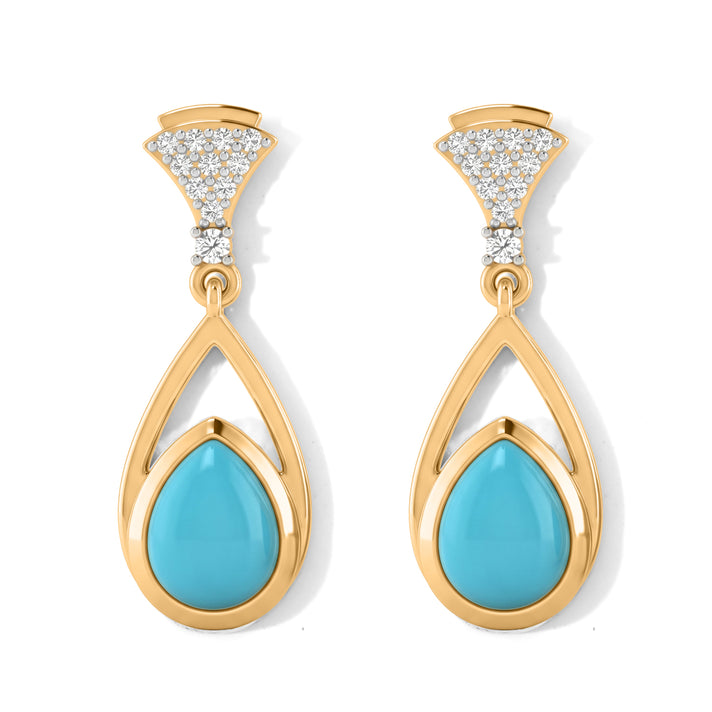D'Joy - Natural Sleeping Beauty Turquoise &amp; White Zircon Dangling Earring with Push Post in Yellow Gold Plated Sterling Silver 2.30 Ct. 8685436 1