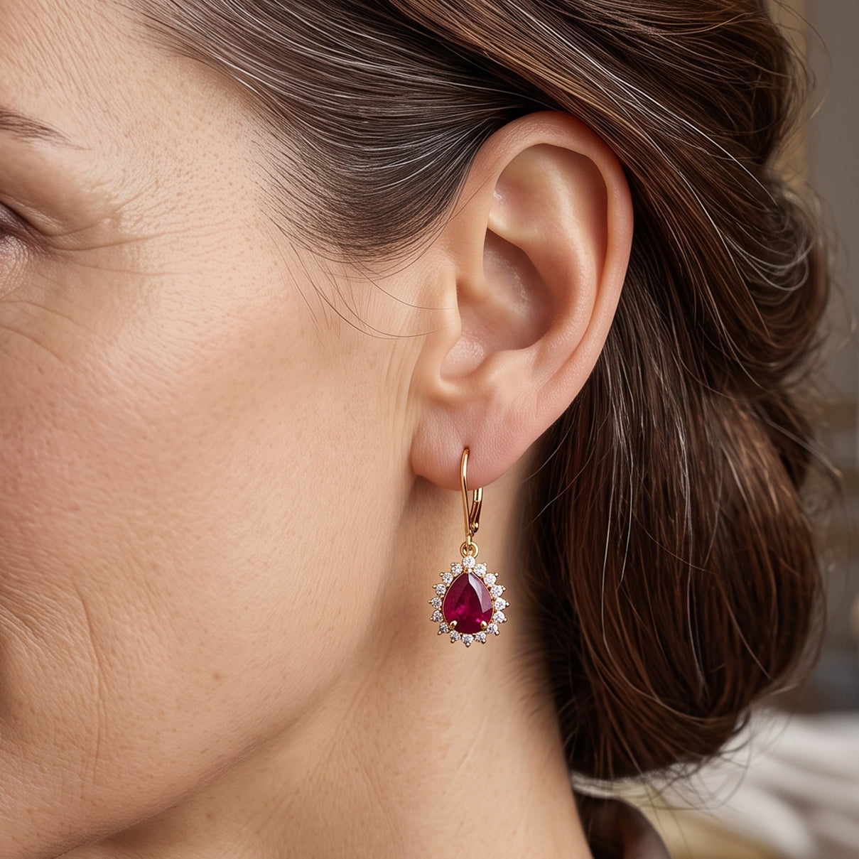 AAA African Ruby (6.00 Cts) &amp; Luxuriant Lab Grown Diamond (1.00 Cts) Halo Earring with Lever Back in 18K Vermeil Yellow Gold Plated Sterling Silver 7.00 Ct. 8685545 1
