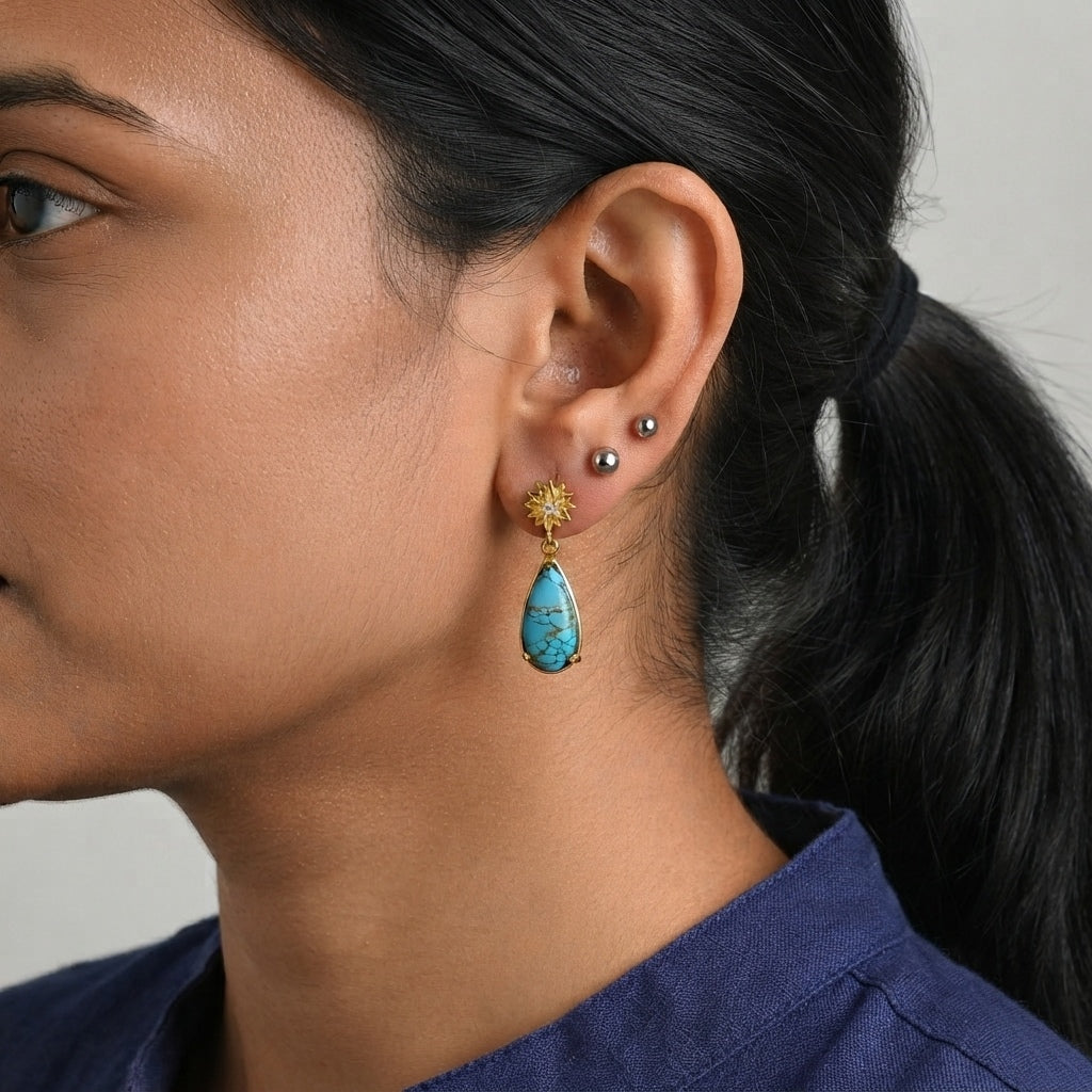 EverTrue Blue Turquoise, White Zircon Dangling Earring Pure Yellow Brass  5.664  Ct._8685932_2