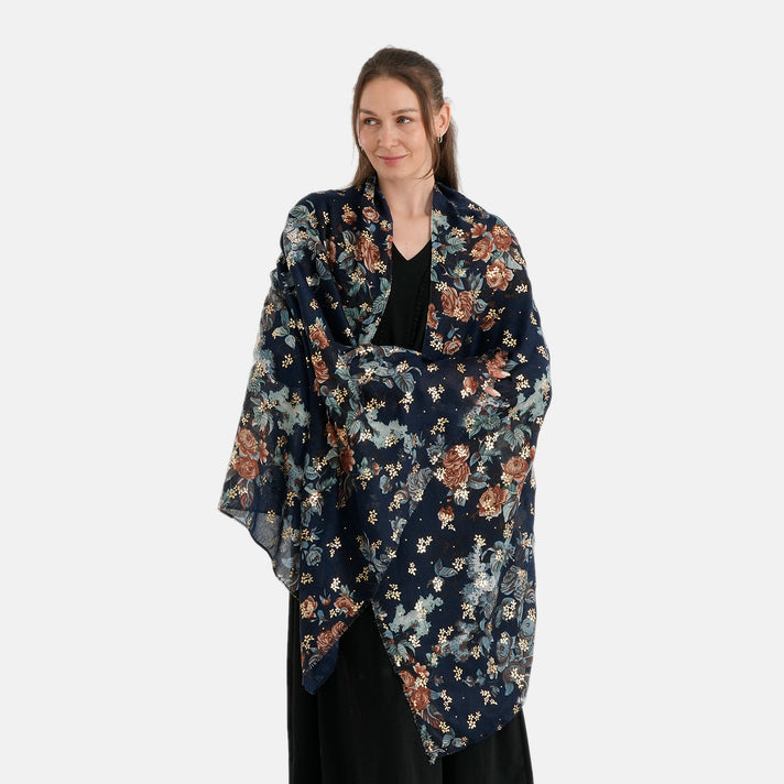 La Marey Multi-colour Floral Print Scarf (180 x 90cm) - Navy V32617200 1