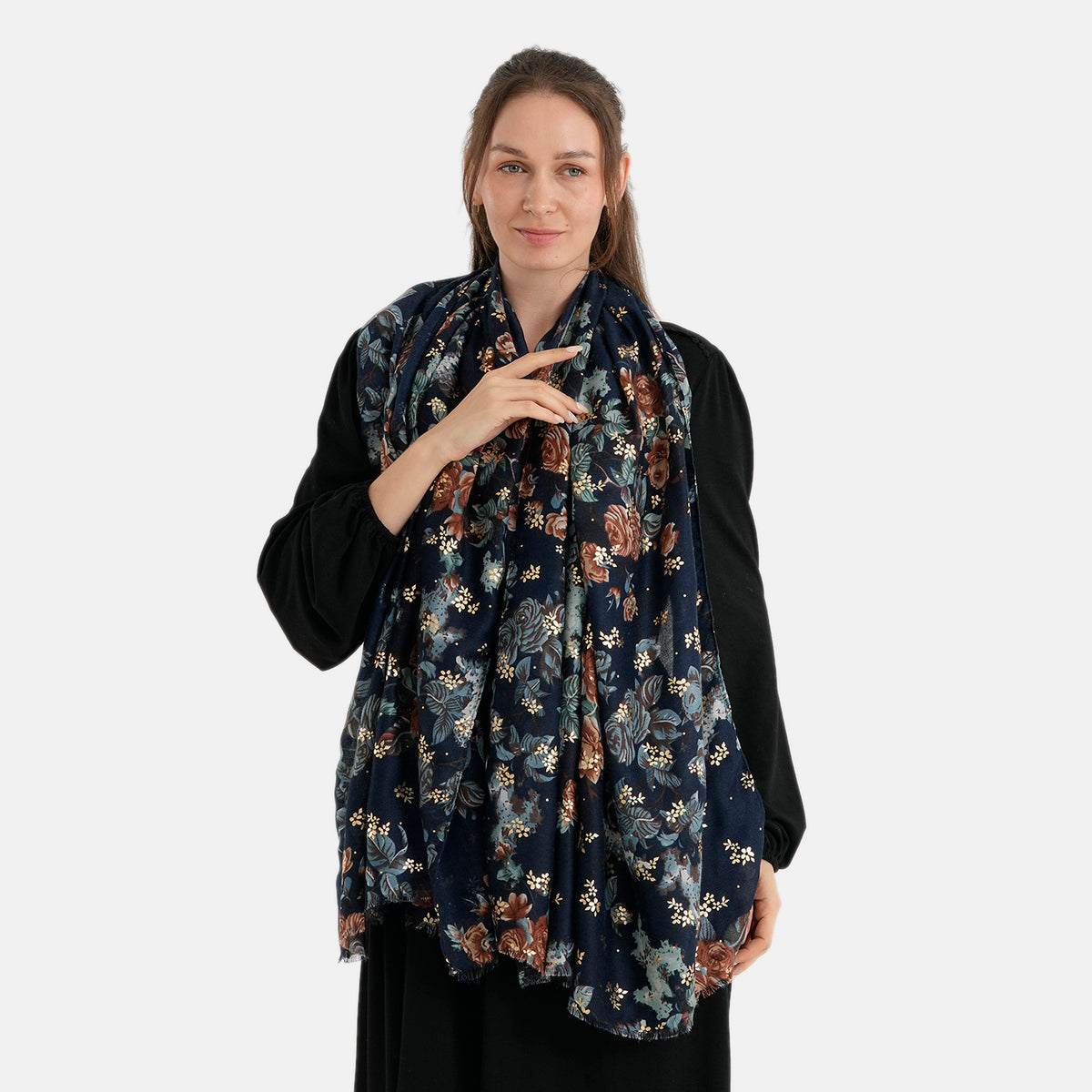 La Marey Multi-colour Floral Print Scarf (180 x 90cm) - Navy V32617200 2