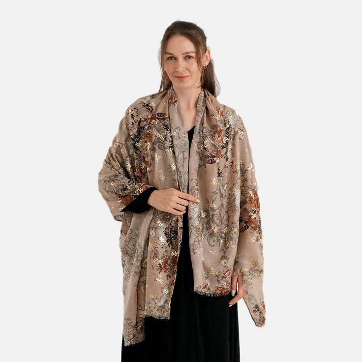 La Marey Multi-colour Floral Print Scarf (180 x 90cm) - Light Khaki V32621782 1