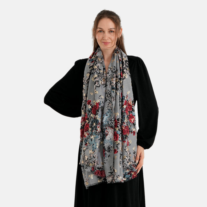 La Marey Red Floral Print Scarf (180 x 90cm) - Grey V32646514 2