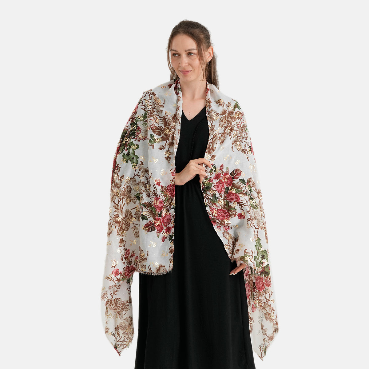 La Marey Red Rose Floral Print Scarf (180 x 90cm) - Off White V32618129 0