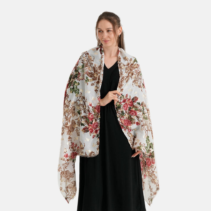 La Marey Red Rose Floral Print Scarf (180 x 90cm) - Off White V32622083 1