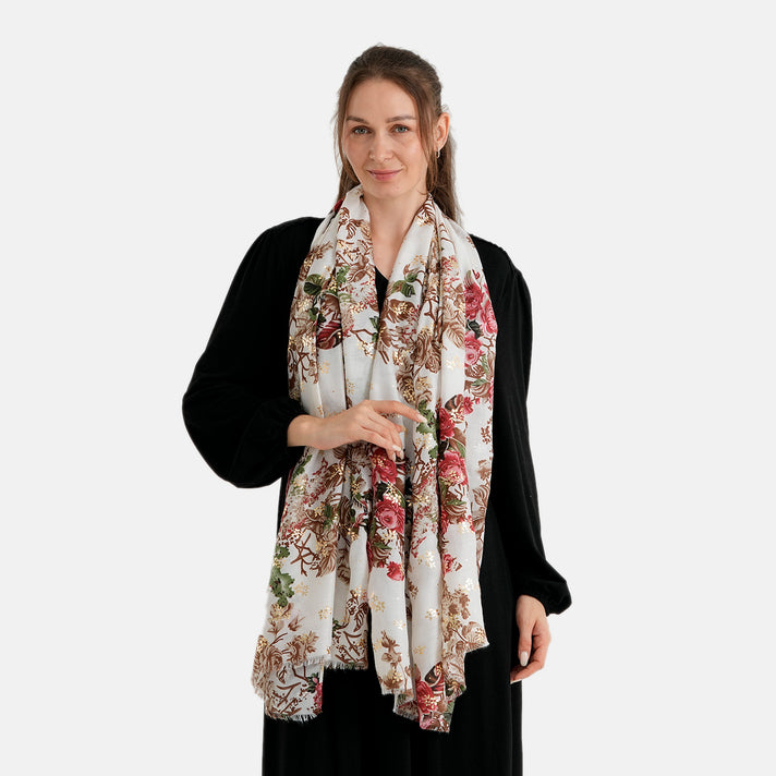 La Marey Red Rose Floral Print Scarf (180 x 90cm) - Off White V32622083 2