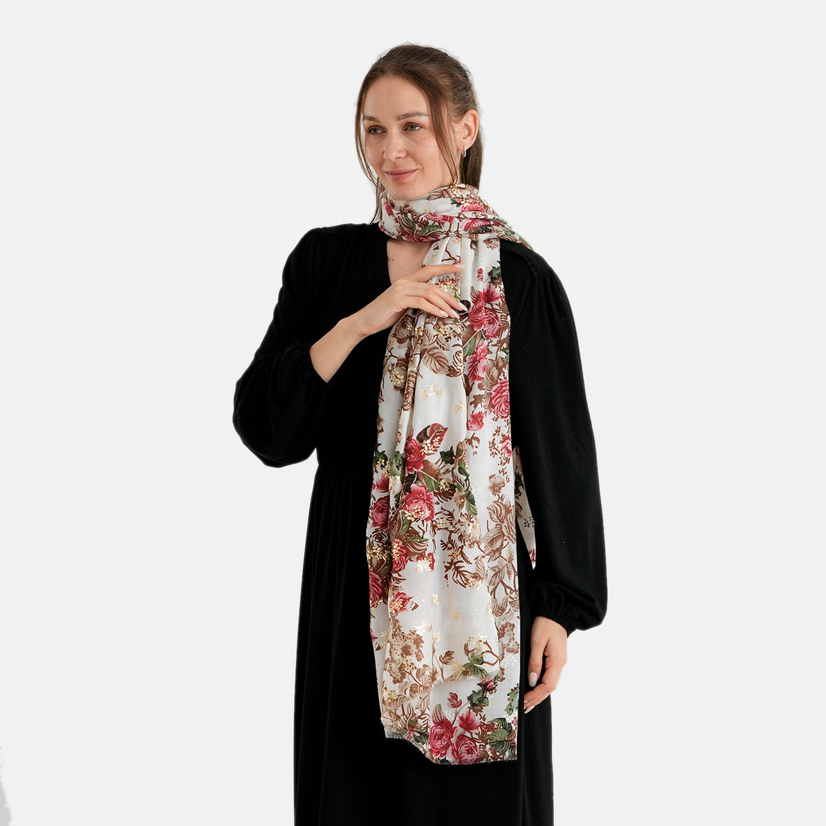 La Marey Red Rose Floral Print Scarf (180 x 90cm) - Off White V32618129 4