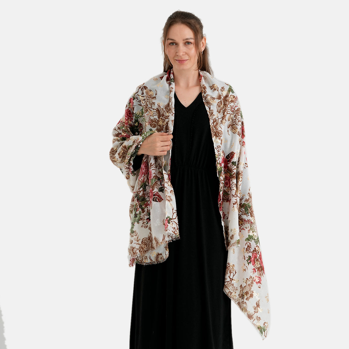 La Marey Red Rose Floral Print Scarf (180 x 90cm) - Off White V32618129 5