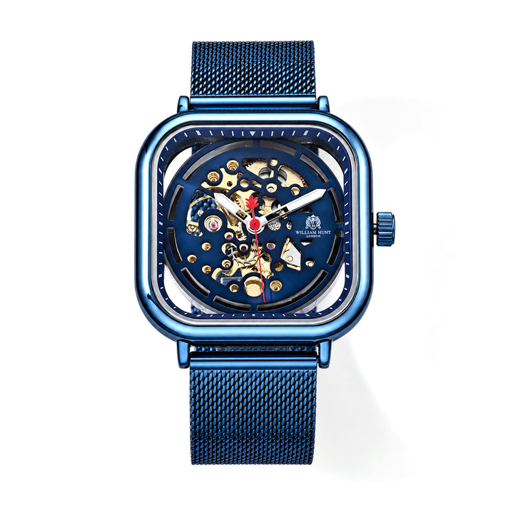 William Hunt Hollow Automatic Mechanical Movement 5ATM WR Blue Hollow Dial &amp; IP Blue Plating 304 Stainless Steel Case Mens Watch with Stainless Steel Mesh Strap 8686316 1