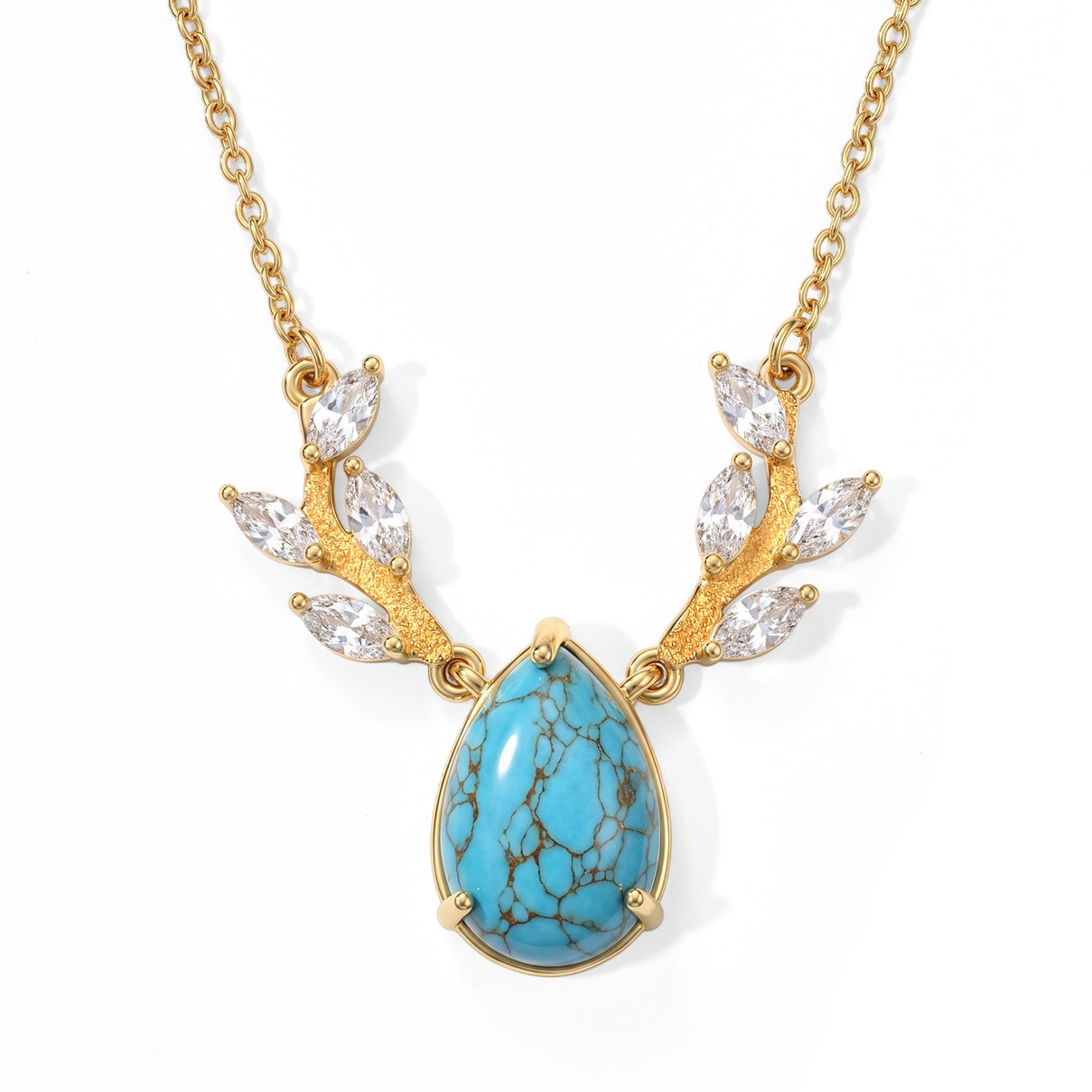 EverTrue - Blue Turquoise &amp; White Topaz Leaf Vine Necklace (Size - 20) in Yellow Gold Tone 7.90 Ct. 8686563 0