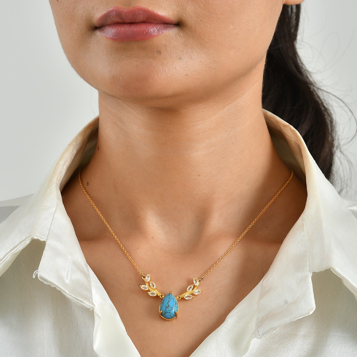 EverTrue - Blue Turquoise &amp; White Topaz Leaf Vine Necklace (Size - 20) in Yellow Gold Tone 7.90 Ct. 8686563 2