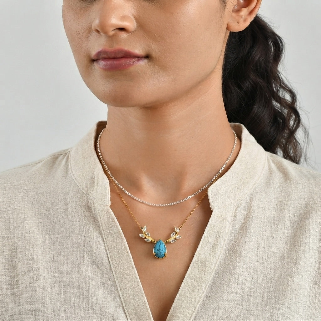 EverTrue - Blue Turquoise &amp; White Topaz Leaf Vine Necklace (Size - 20) in Yellow Gold Tone 7.90 Ct. 8686563 3