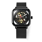 William Hunt Hollow Automatic Mechanical Movement 5ATM WR Black Hollow Dial & IP Black Plating 304 Stainless Steel Case Mens Watch with Stainless Steel Mesh Strap_8686615