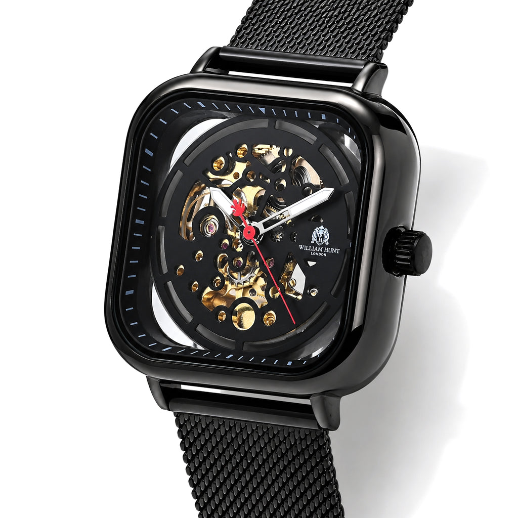 William Hunt Hollow Automatic Mechanical Movement 5ATM WR Black Hollow Dial & IP Black Plating 304 Stainless Steel Case Mens Watch with Stainless Steel Mesh Strap_8686615_2