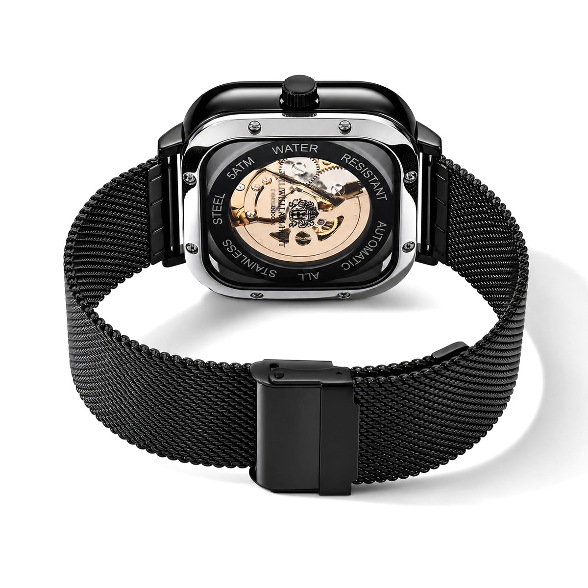 William Hunt Automatic Mechanical Movement 5ATM Watch with Adustable Mesh Strap - Black 8686615 5