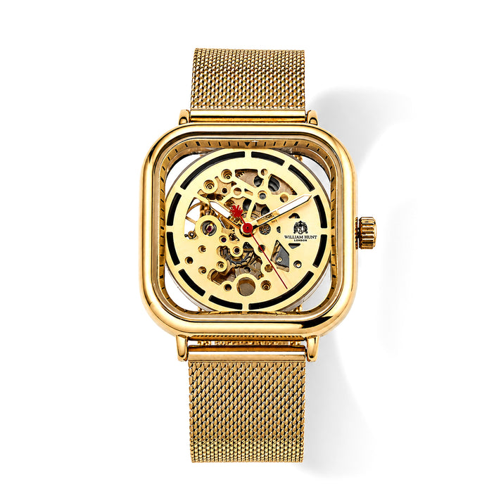 William Hunt Hollow Automatic Mechanical Movement 5ATM WR Gold Hollow Dial &amp; IPG Plating 304 Stainless Steel Case Mens Watch with Stainless Steel Mesh Strap 8686616 1