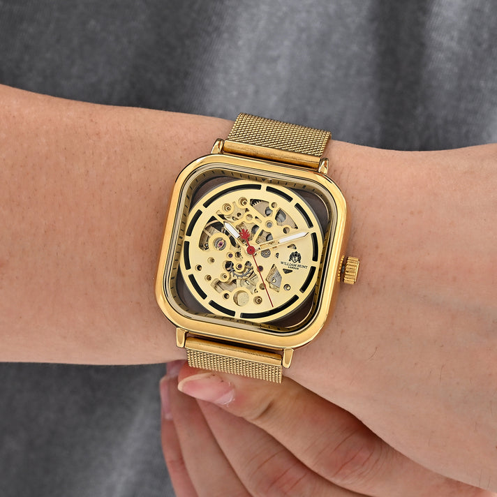 William Hunt Hollow Automatic Mechanical Movement 5ATM WR Gold Hollow Dial &amp; IPG Plating 304 Stainless Steel Case Mens Watch with Stainless Steel Mesh Strap 8686616 2