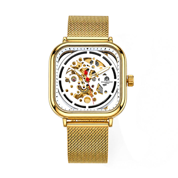William Hunt Hollow Automatic Mechanical Movement 5ATM WR White Hollow Dial &amp; IPS Plating 304 Stainless Steel Case Mens Watch with Stainless Steel Mesh Strap 8686617 1