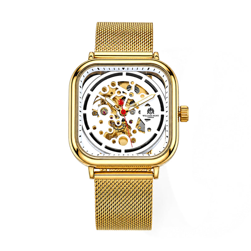 William Hunt Hollow Automatic Mechanical Movement 5ATM WR White Hollow Dial & IPS Plating 304 Stainless Steel Case Mens Watch with Stainless Steel Mesh Strap_8686617