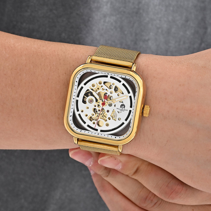 William Hunt Hollow Automatic Mechanical Movement 5ATM WR White Hollow Dial &amp; IPS Plating 304 Stainless Steel Case Mens Watch with Stainless Steel Mesh Strap 8686617 2