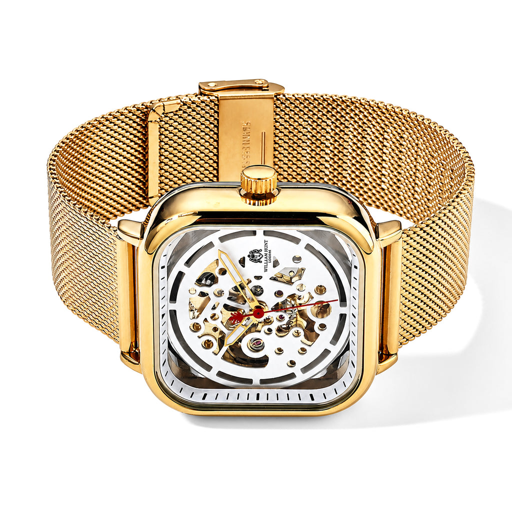 William Hunt Hollow Automatic Mechanical Movement 5ATM WR White Hollow Dial & IPS Plating 304 Stainless Steel Case Mens Watch with Stainless Steel Mesh Strap_8686617_3