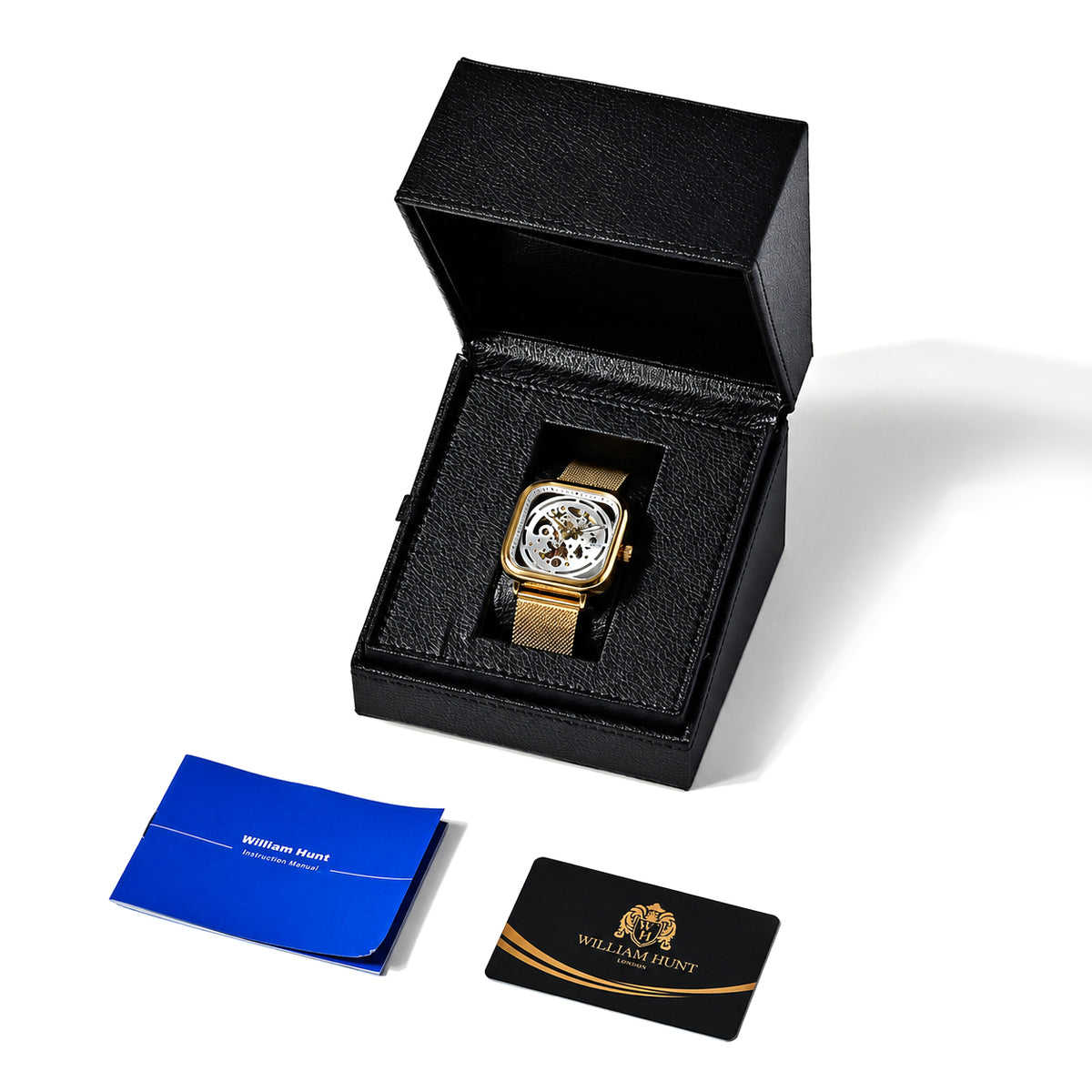William Hunt Hollow Automatic Mechanical Movement 5ATM WR White Hollow Dial &amp; IPS Plating 304 Stainless Steel Case Mens Watch with Stainless Steel Mesh Strap 8686617 8