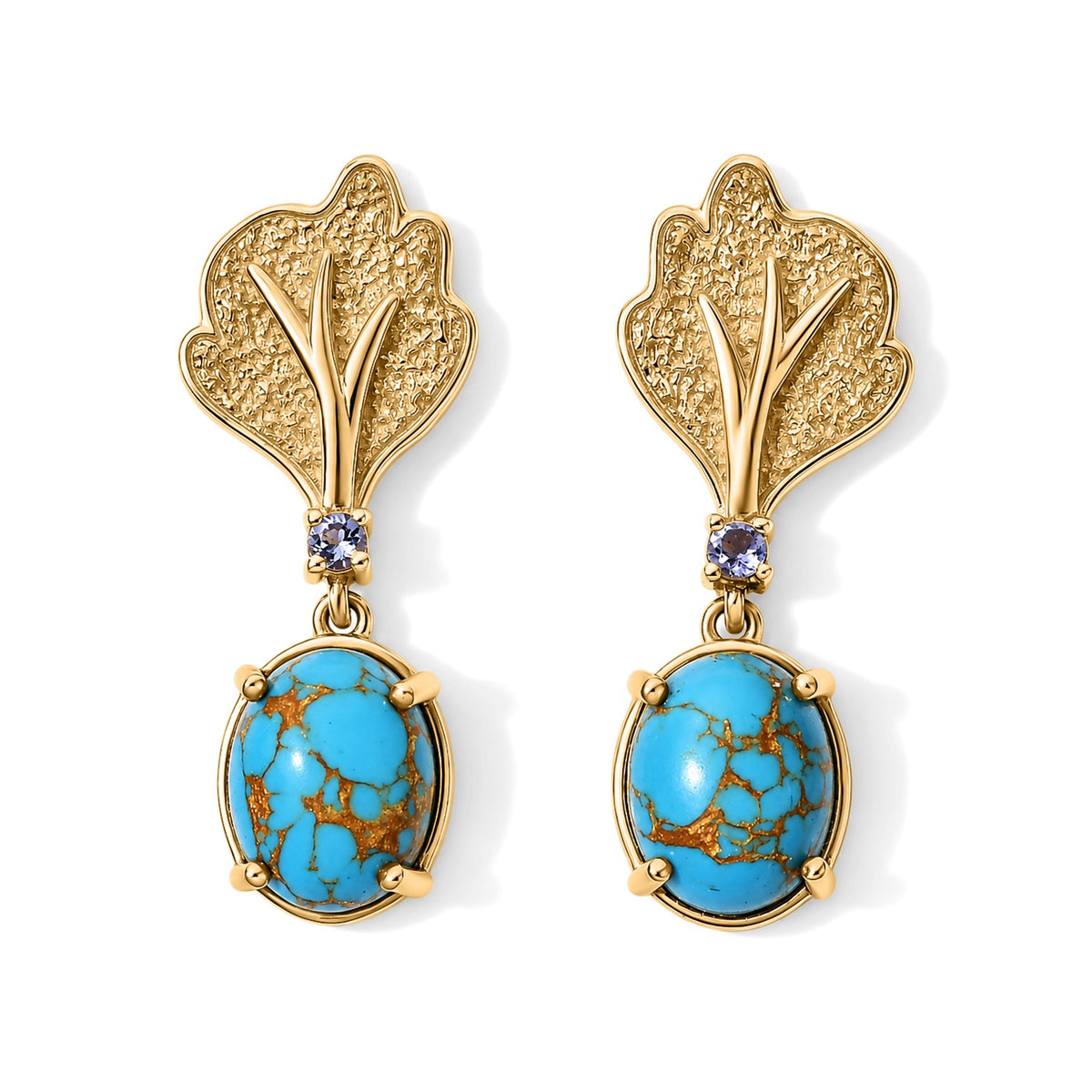 EverTrue - Blue Turquoise &amp; Lolite Ginkgo Leaf Earring with Push Post in Yellow Gold Tone 5.30 Ct. 8686823 0