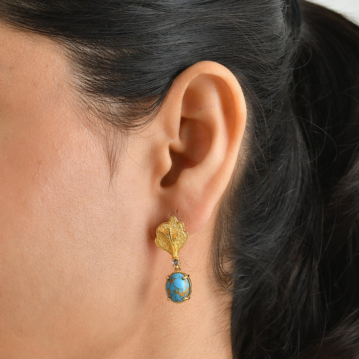 EverTrue - Blue Turquoise &amp; Lolite Ginkgo Leaf Earring with Push Post in Yellow Gold Tone 5.30 Ct. 8686823 2