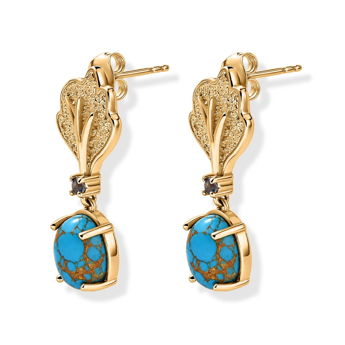 EverTrue - Blue Turquoise &amp; Lolite Ginkgo Leaf Earring with Push Post in Yellow Gold Tone 5.30 Ct. 8686823 4