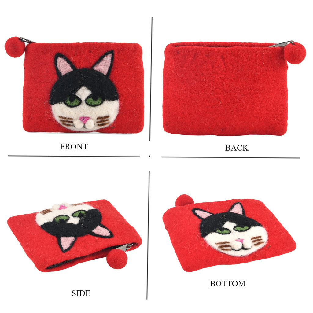 Designer Wool Cat Motif Compact Zipped Wallet - Red_8687774_3