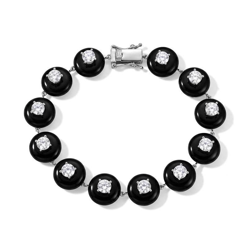 D'Joy - Moissanite & Dyed Black Jade Bracelet (Size - 7.5) in Rhodium Overlay Sterling Silver 51.90 Ct, Silver Wt. 10.00 Gms_8688593